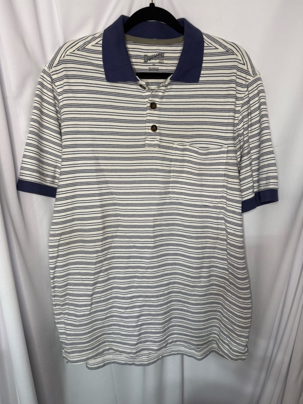 Duluth Trading Co  Men’s Navy and White Striped Polo Shirt